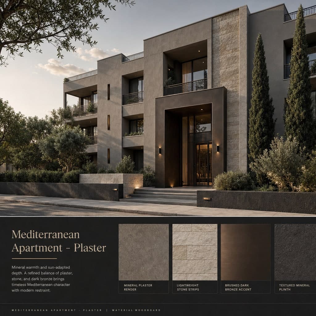Mediterranean Apartment — Plaster exterior moodboard card