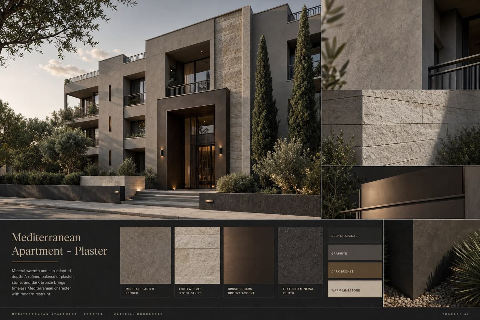 Mediterranean Apartment — Plaster exterior moodboard plate