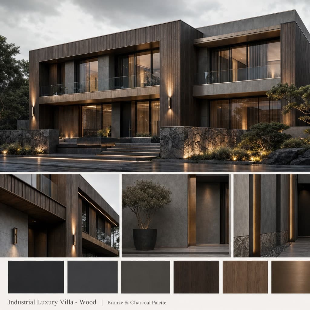 Industrial Luxury Villa — Wood exterior moodboard card