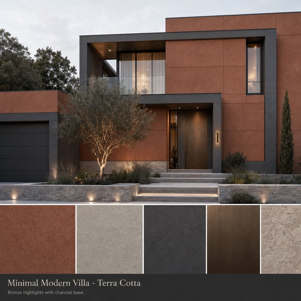 Minimal Modern Villa — Terra Cotta exterior moodboard card