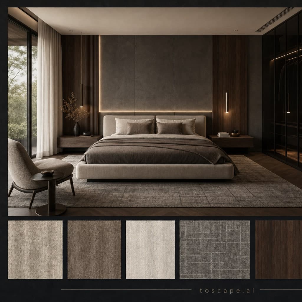 Modern Dark Luxury Bedroom — Satin interior moodboard card