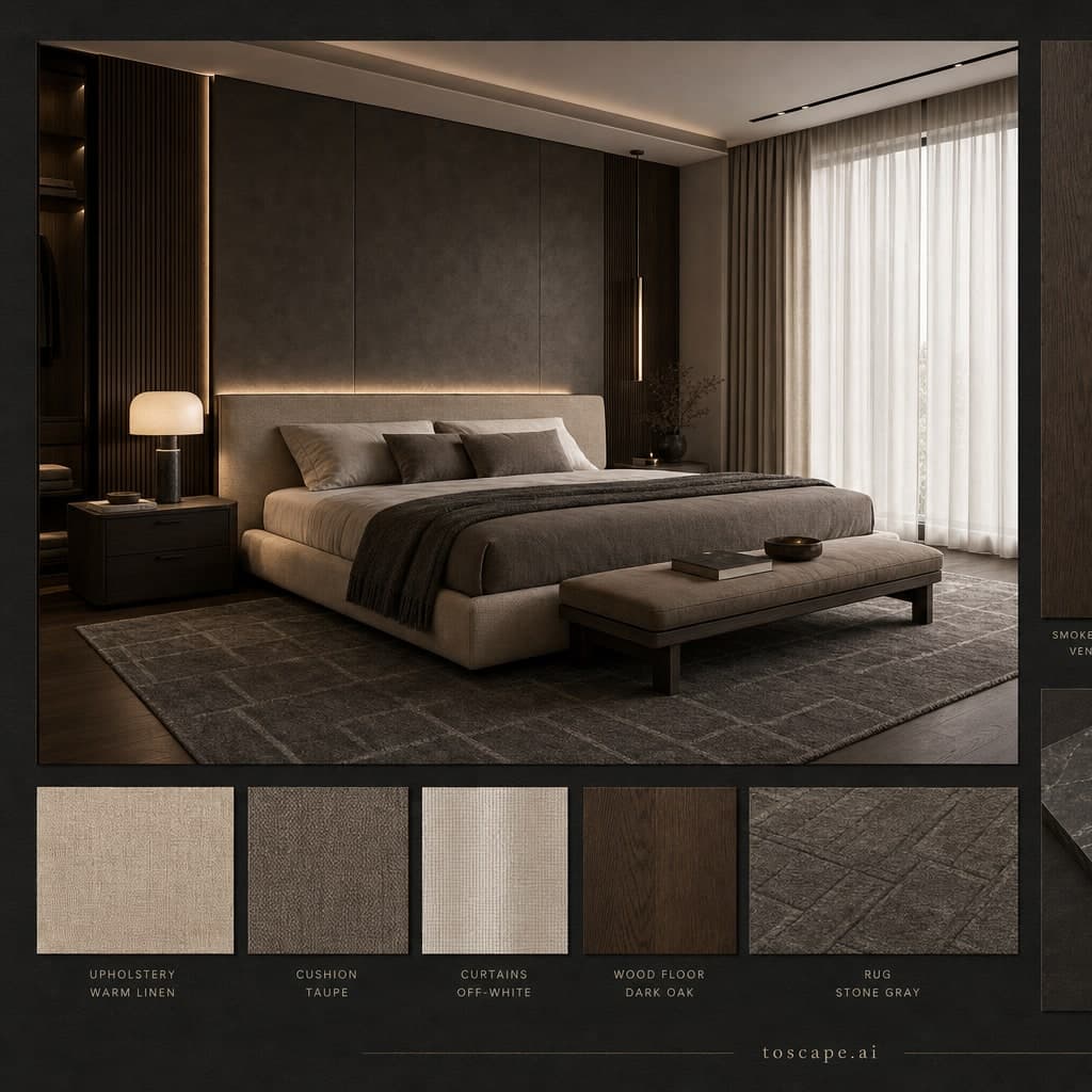Modern Dark Luxury Bedroom — Satin interior moodboard card