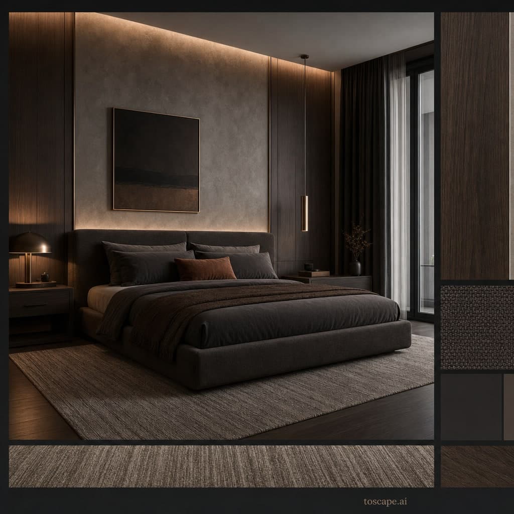 Modern Dark Luxury Bedroom — Matte interior moodboard card