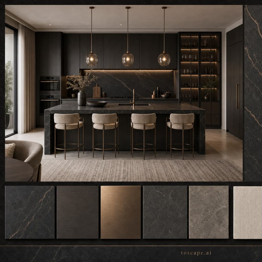 Modern Dark Luxury Kitchen — Matte interior moodboard card