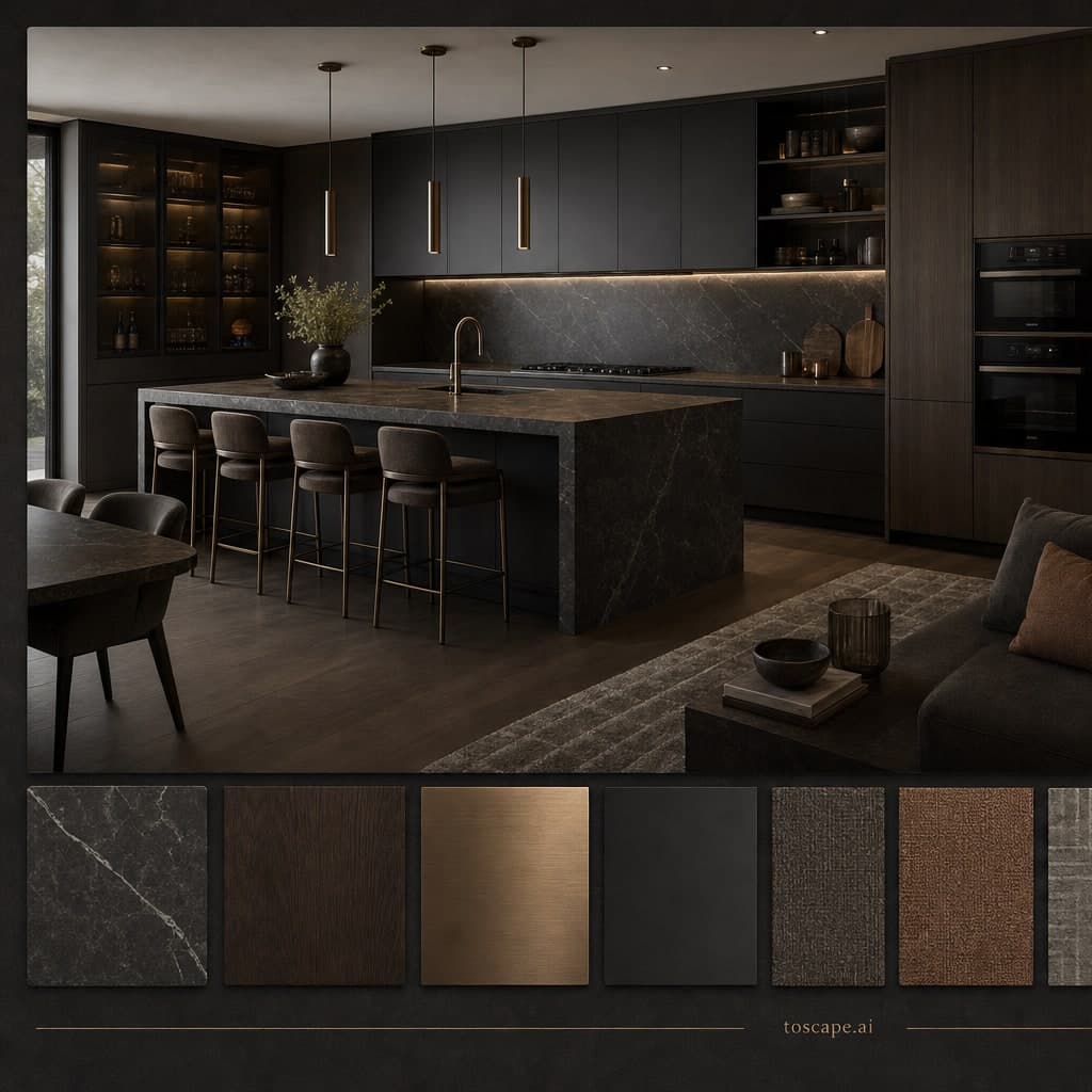 Modern Dark Luxury Kitchen — Satin interior moodboard card