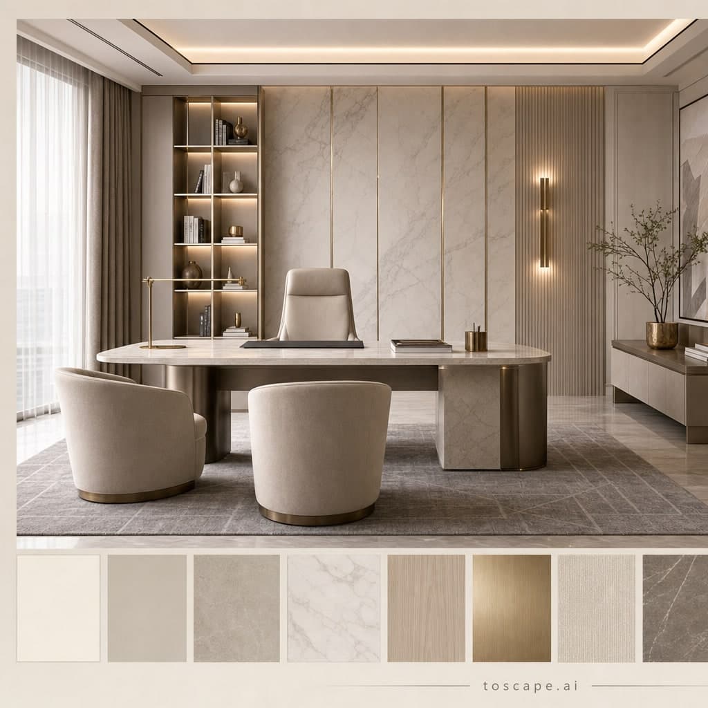 Modern Light Luxury Office — Satin interior moodboard card