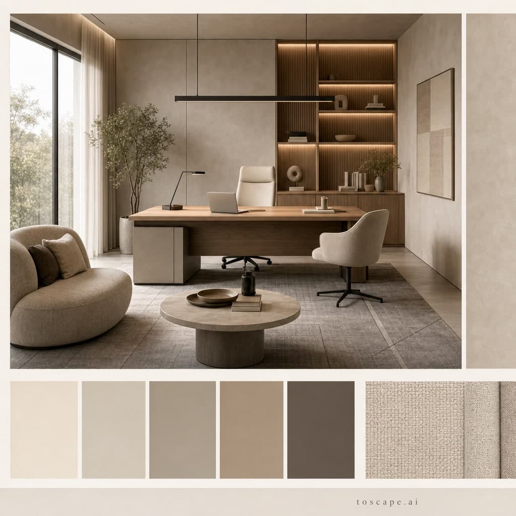 Modern Warm Neutral Office — Satin interior moodboard card