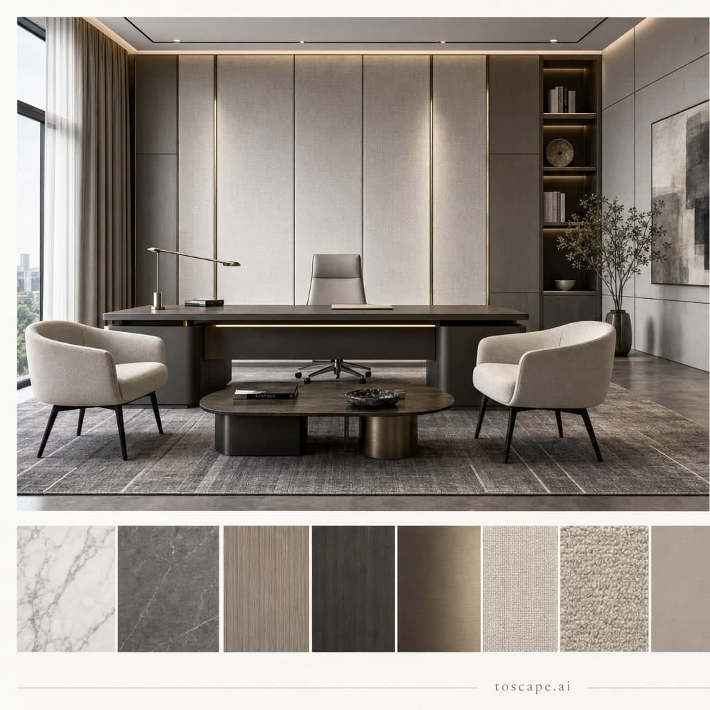 Modern Cool Neutral Office — Satin interior moodboard card