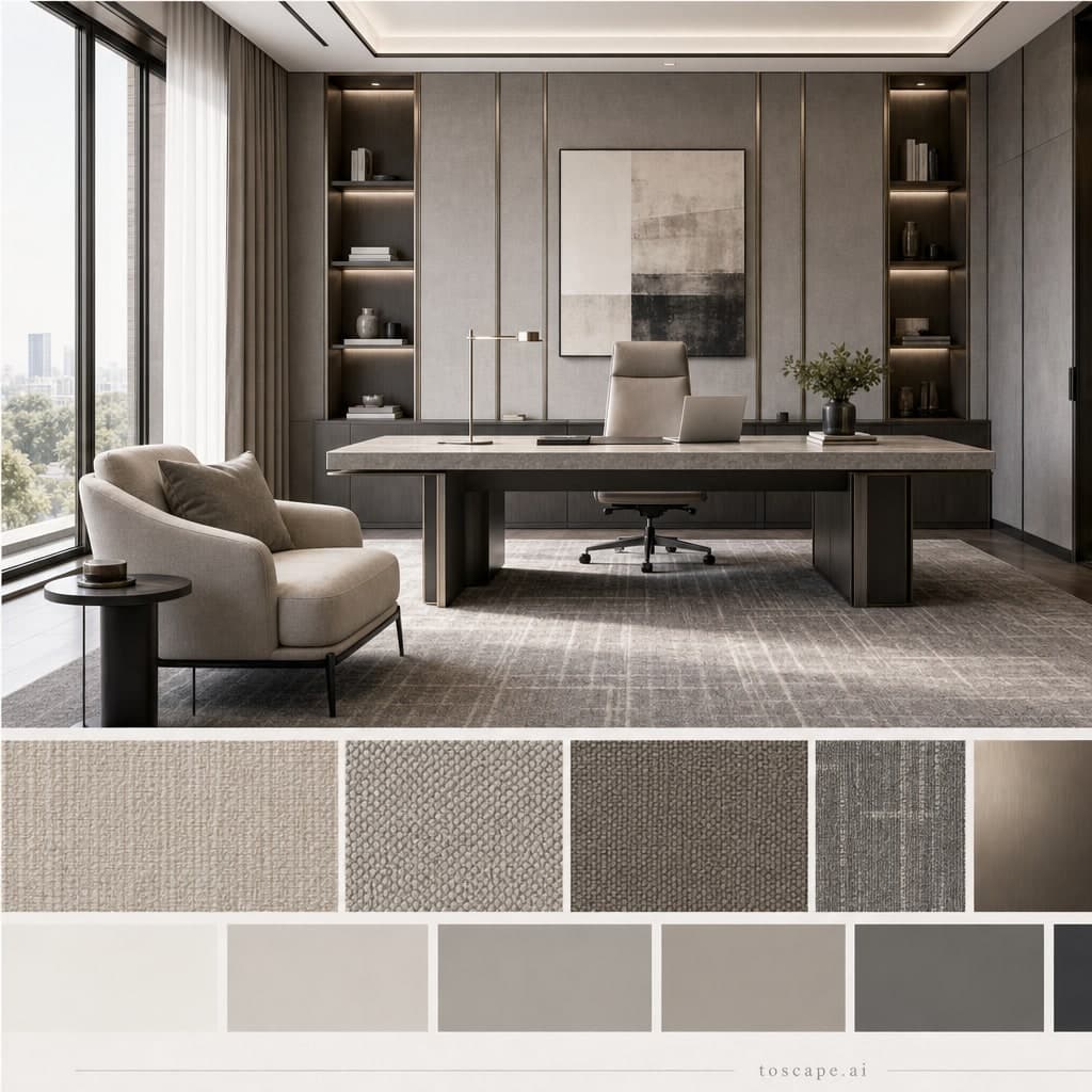 Modern Cool Neutral Office — Satin interior moodboard card