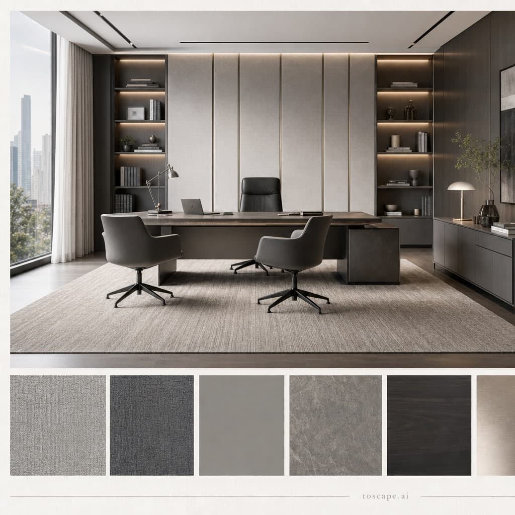 Modern Cool Neutral Office — Matte interior moodboard card