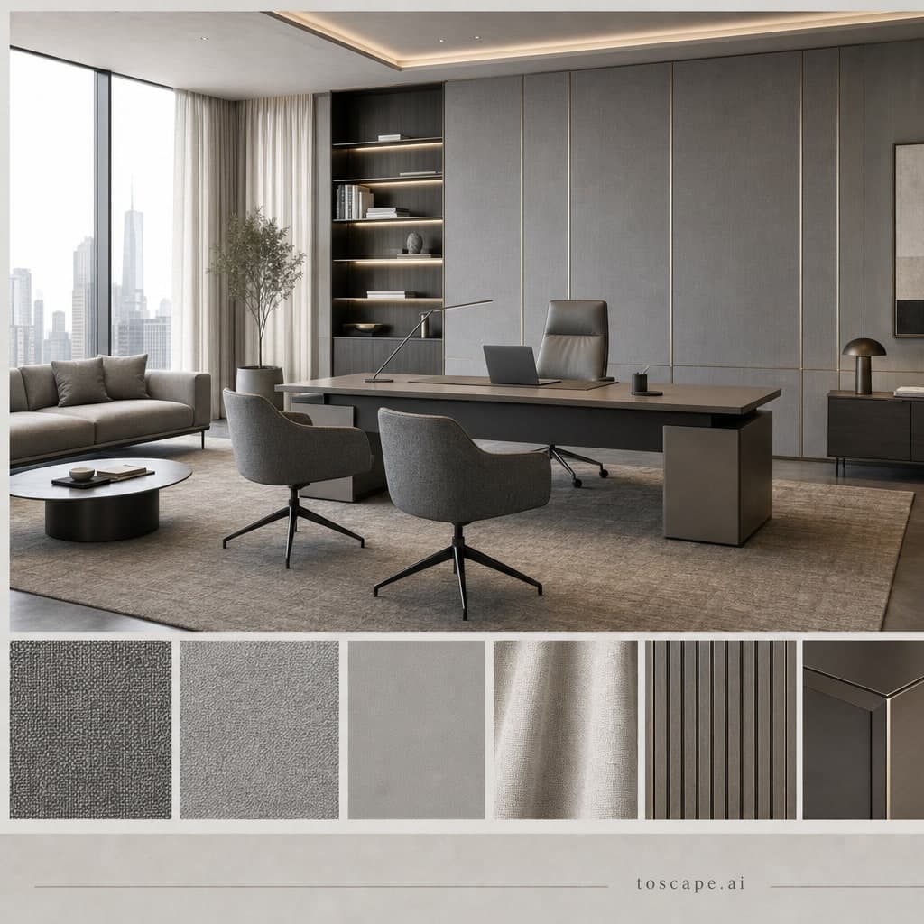Modern Cool Neutral Office — Matte interior moodboard card