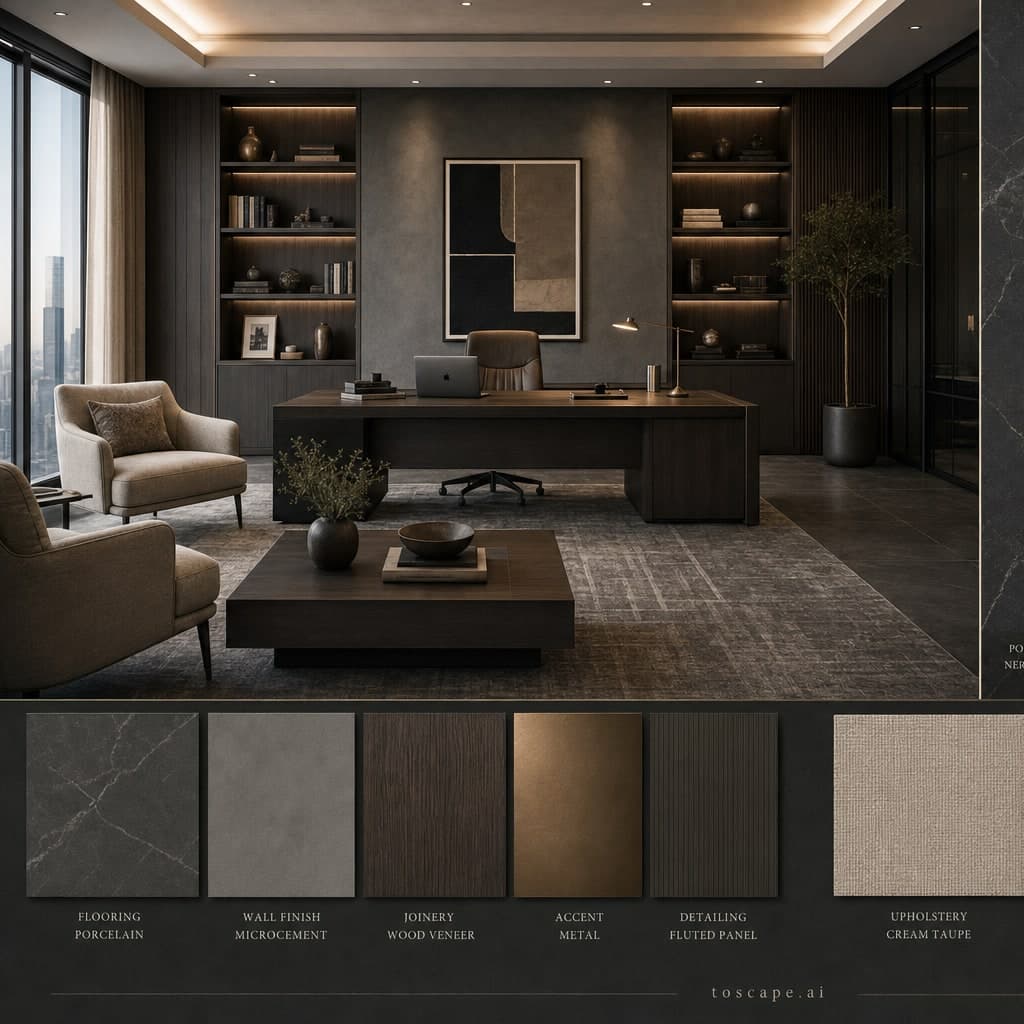 Modern Dark Luxury Office — Satin interior moodboard card