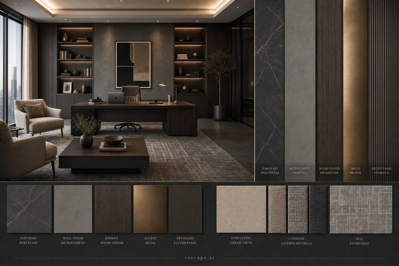 Modern Dark Luxury Office — Satin interior moodboard plate