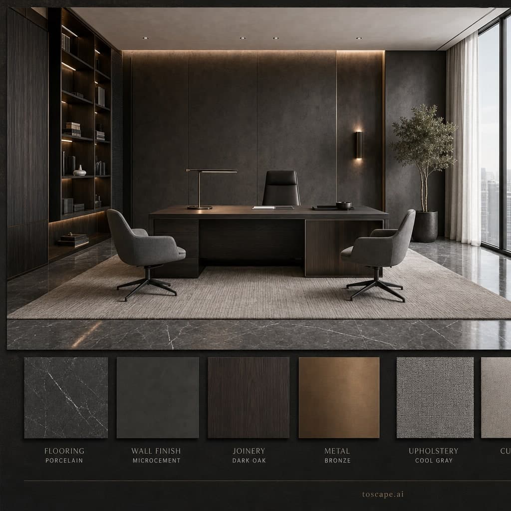 Modern Dark Luxury Office — Matte interior moodboard card