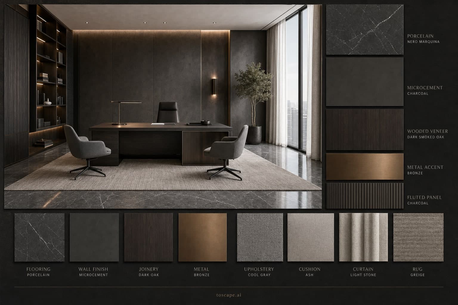 Modern Dark Luxury Office — Matte interior moodboard plate