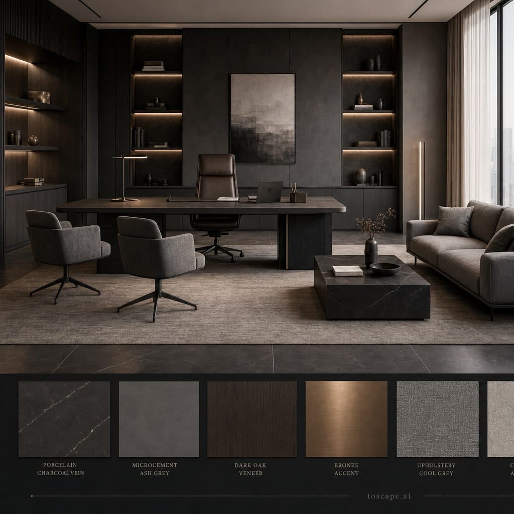 Modern Dark Luxury Office — Matte interior moodboard card