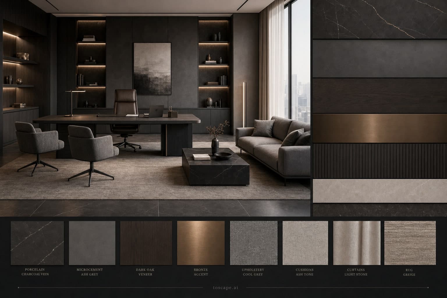 Modern Dark Luxury Office — Matte interior moodboard plate