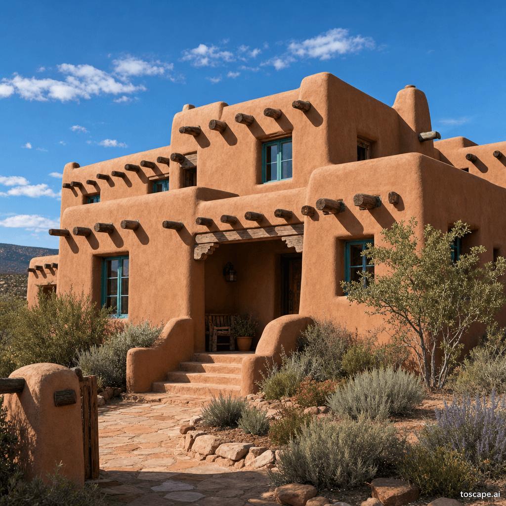 ADOBE / PUEBLO REVIVAL ARCHITECTURE architectural style - New Mexico / Arizona, USA (Pueblo Revival 1910s-1930s; continued adaptation to present);...