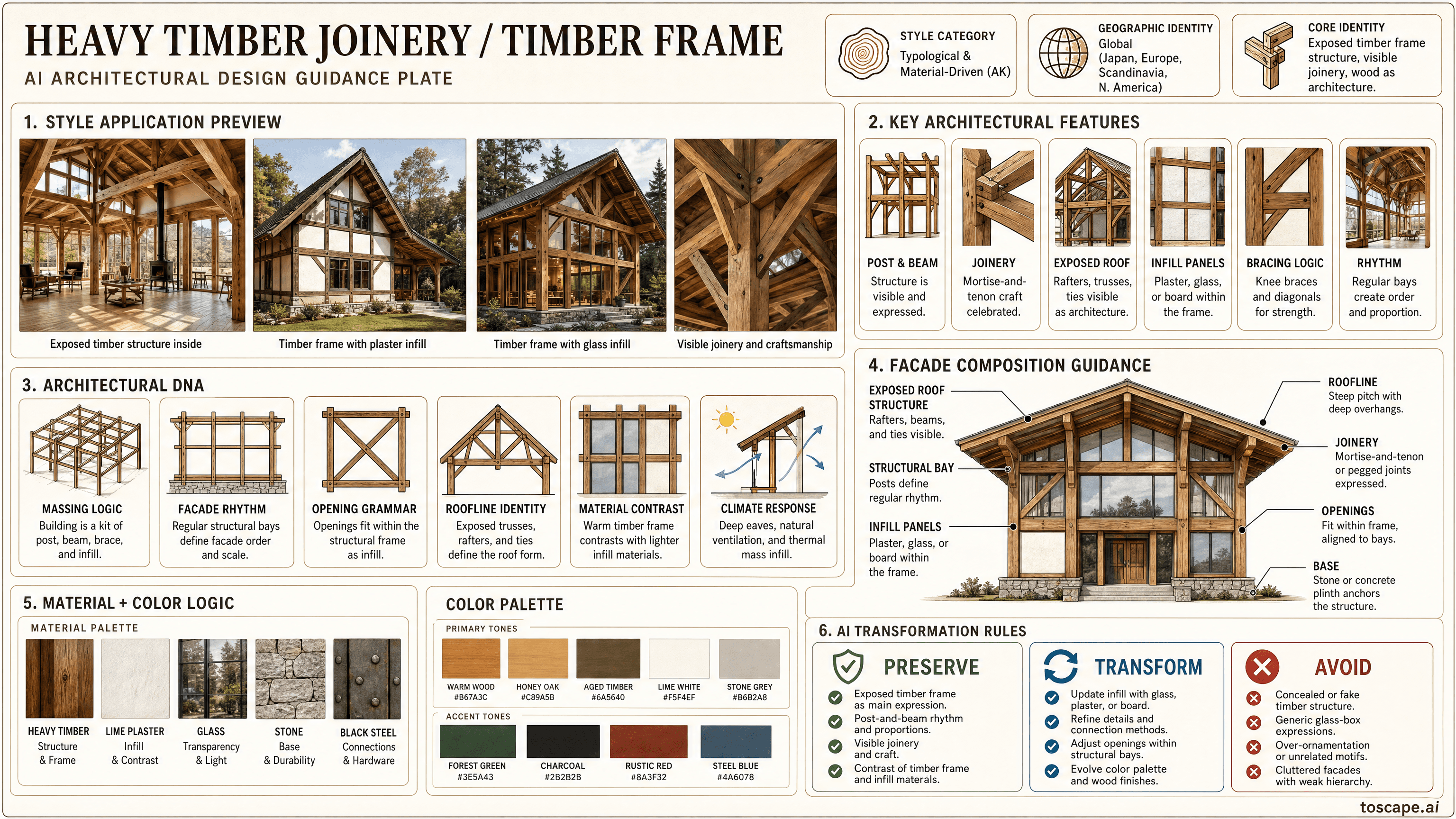 HEAVY TIMBER JOINERY / TIMBER FRAME hero plate - Global (Japan, Europe, Scandinavia, North America); Core identity: Exposed heavy timber...