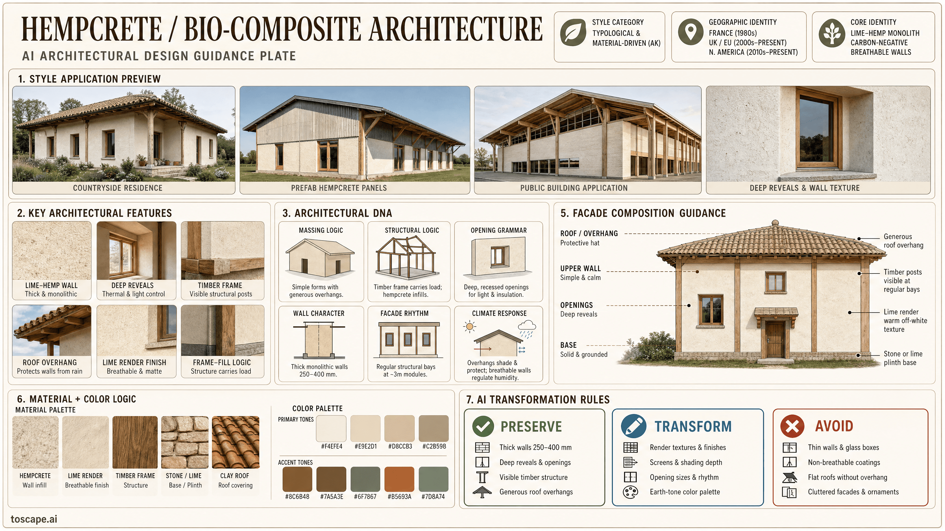 HEMPCRETE / BIO-COMPOSITE ARCHITECTURE hero plate - France (1980s), UK/EU (2000s-present), North America (2010s-present); Core identity:...