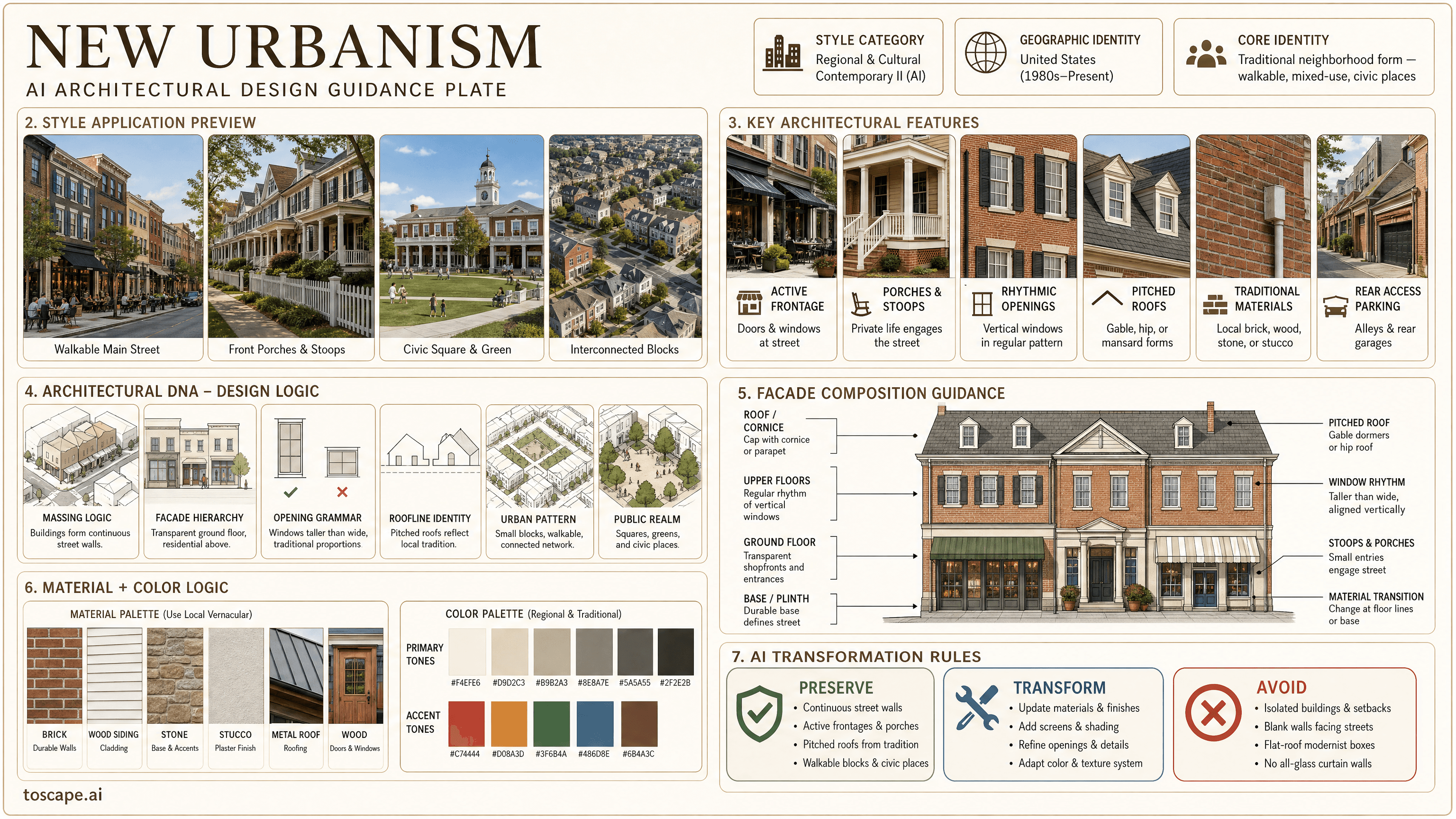 NEW URBANISM hero plate - United States (1980s-present); Core identity: Traditional neighborhood form - walkable...