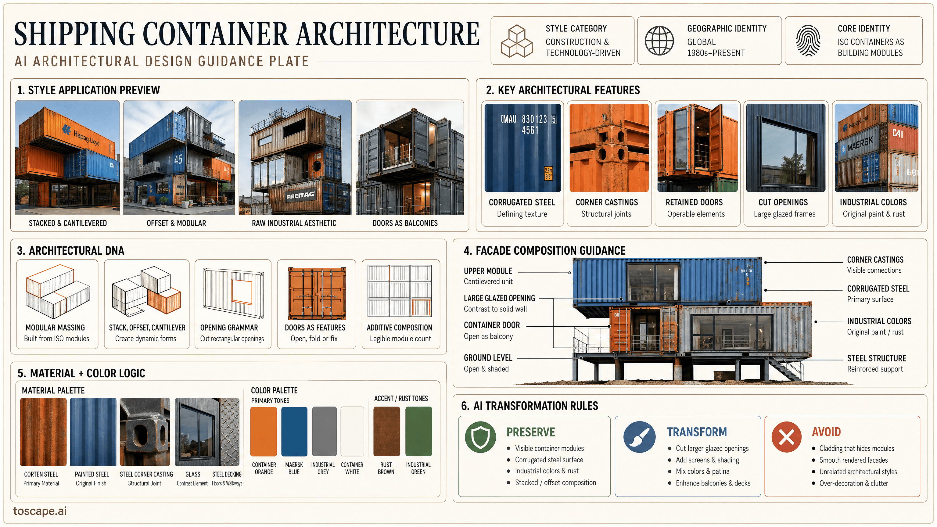 SHIPPING CONTAINER ARCHITECTURE hero plate - Global (1980s-present, accelerating 2000s); Core identity: ISO shipping containers as...