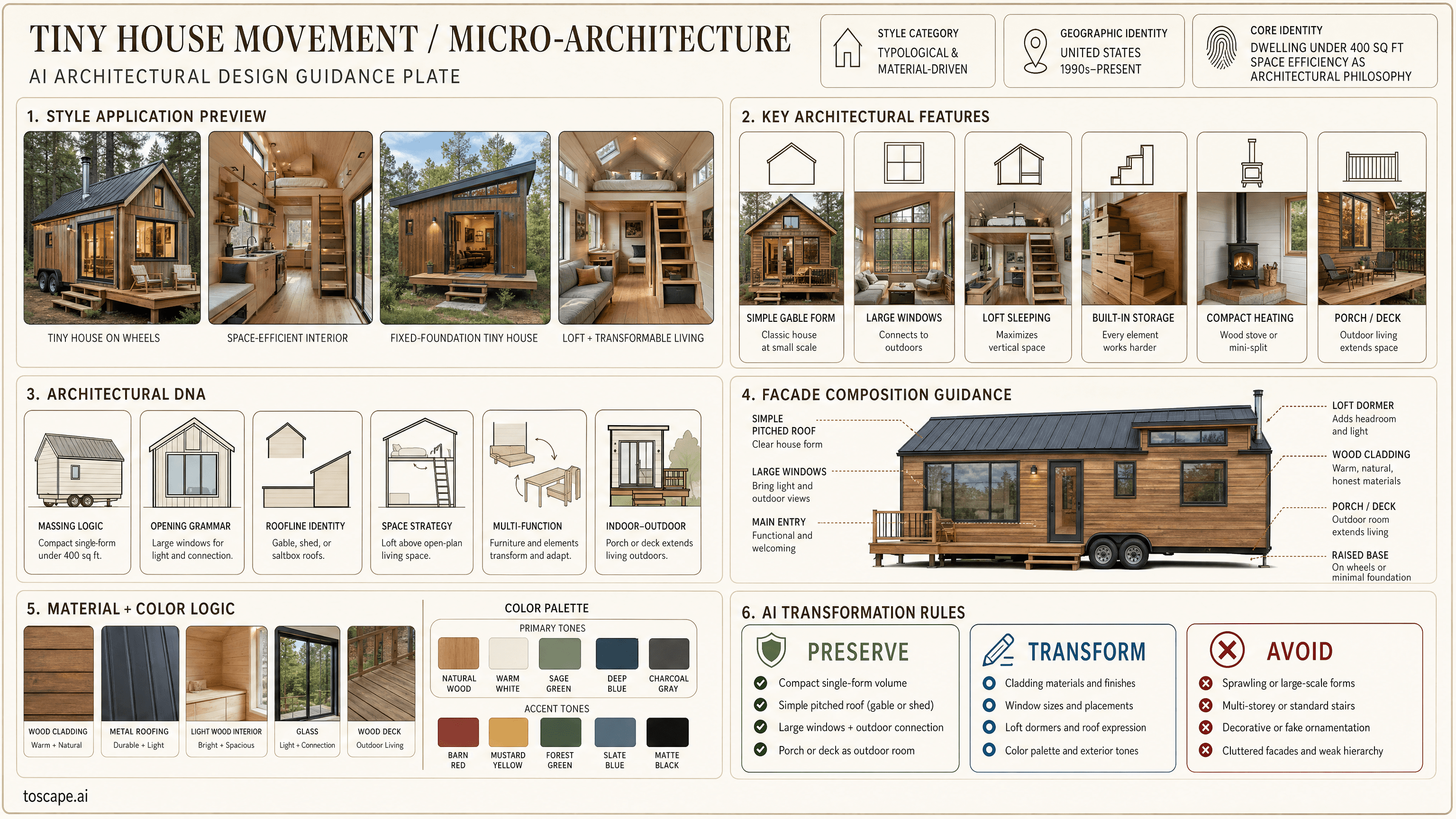 TINY HOUSE MOVEMENT / MICRO-ARCHITECTURE hero plate - United States (1990s-present, accelerating post-2008); Core identity: Dwelling under 400...