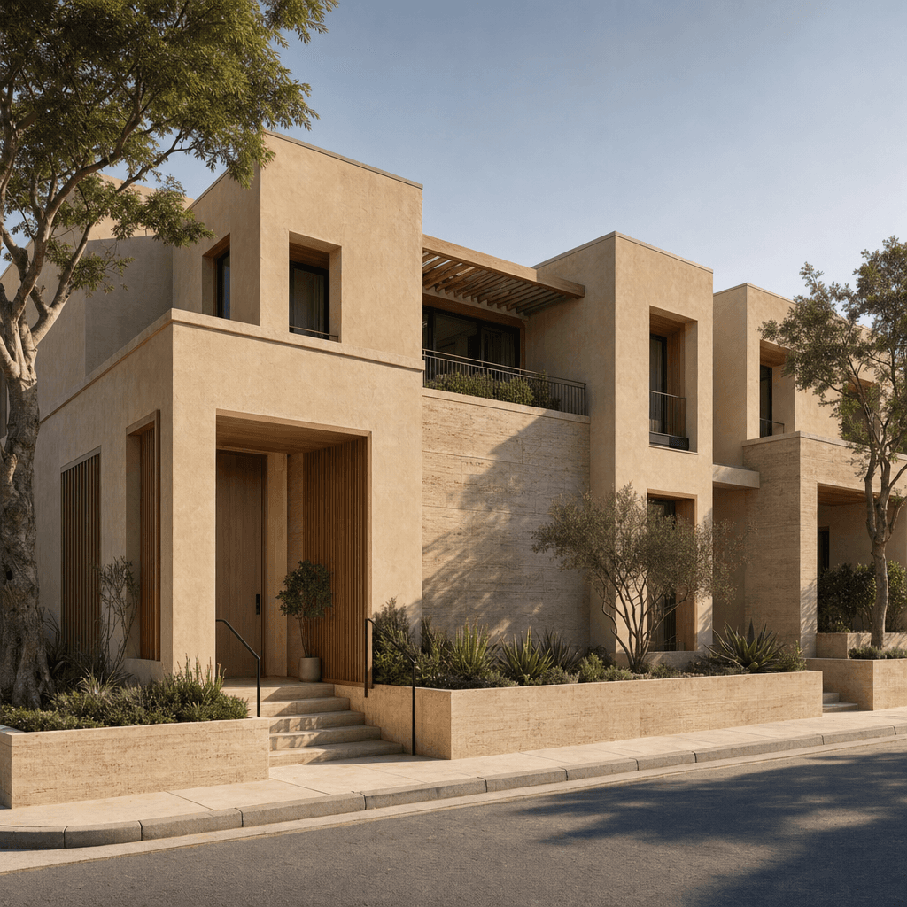 Warm Minimalist architectural style - Global - particularly resonant in temperate, Mediterranean, and desert-edge climates...