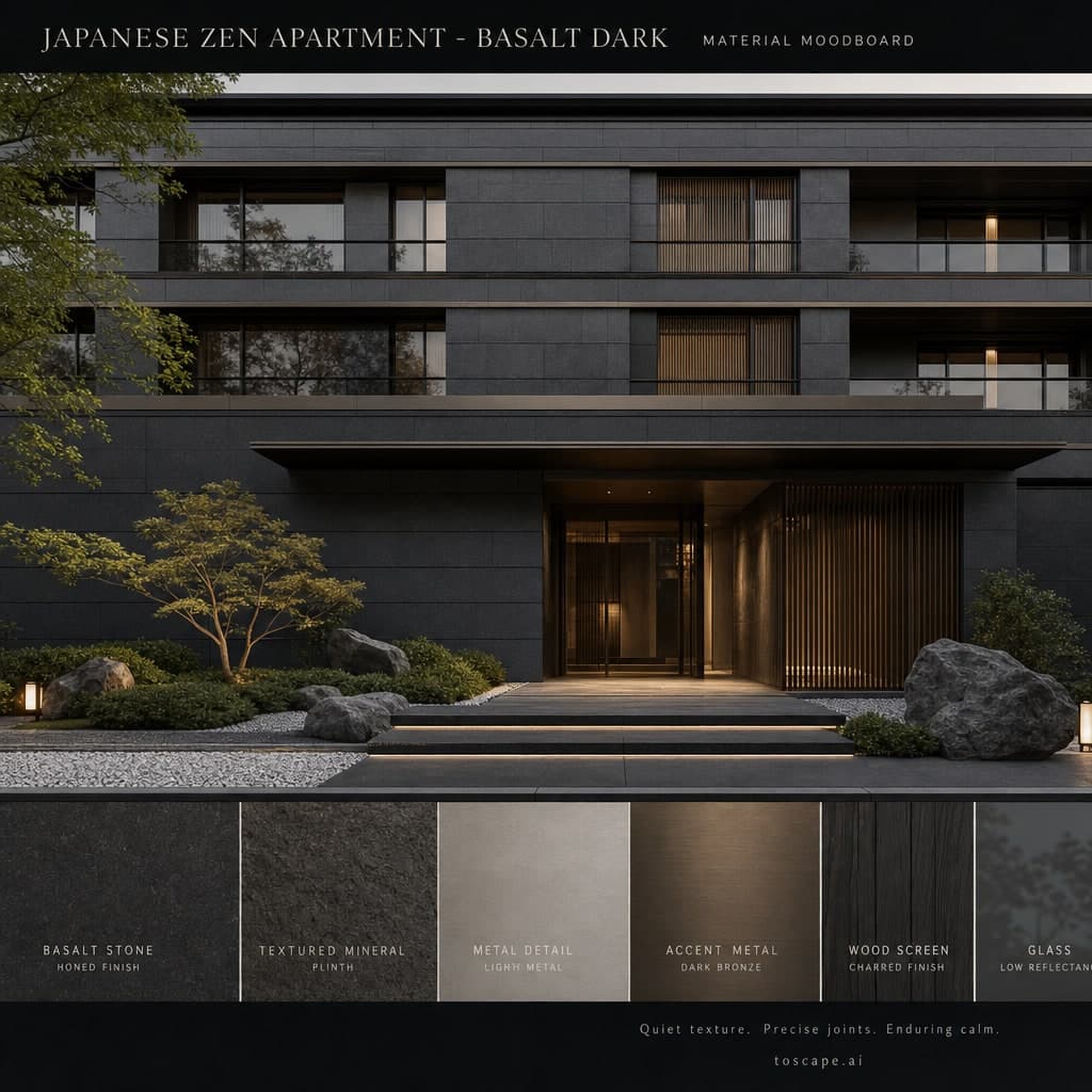 Japanese Zen Apartment — Basalt Dark exterior moodboard card