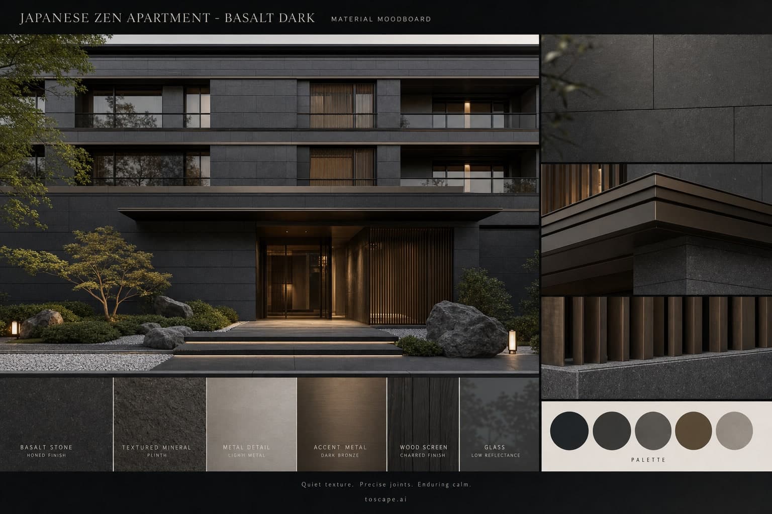 Japanese Zen Apartment — Basalt Dark exterior moodboard plate