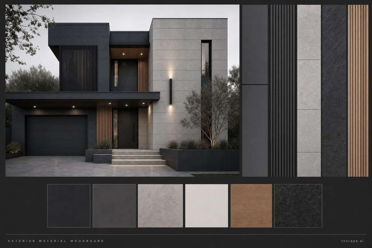 Graphite Minimal Urban Villa exterior moodboard plate