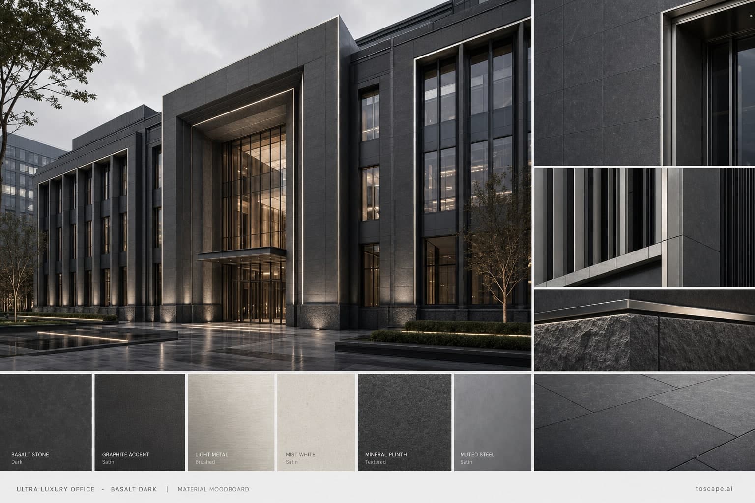 Ultra Luxury Office — Basalt Dark exterior moodboard plate