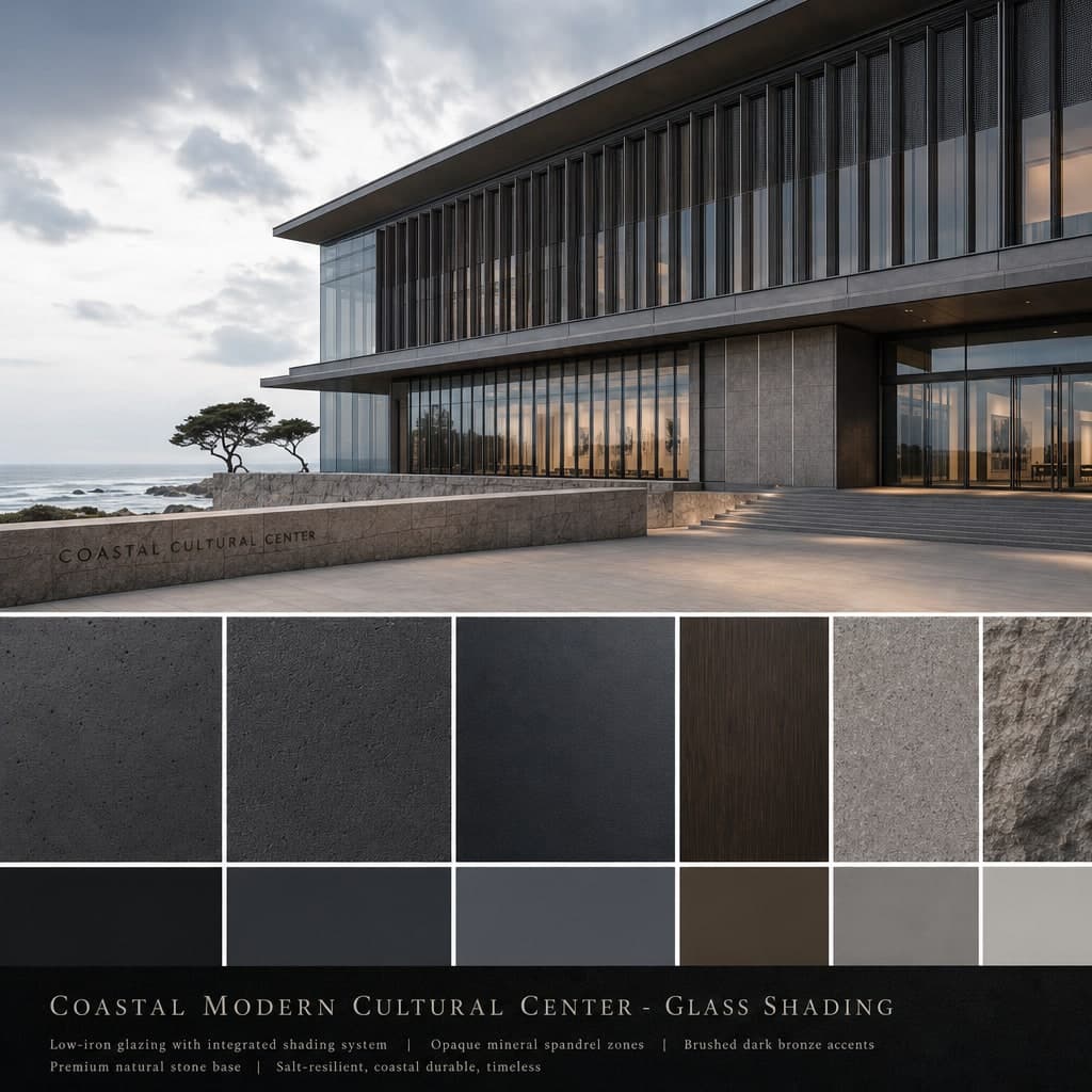 Coastal Modern Cultural Center — Glass Shading exterior moodboard card