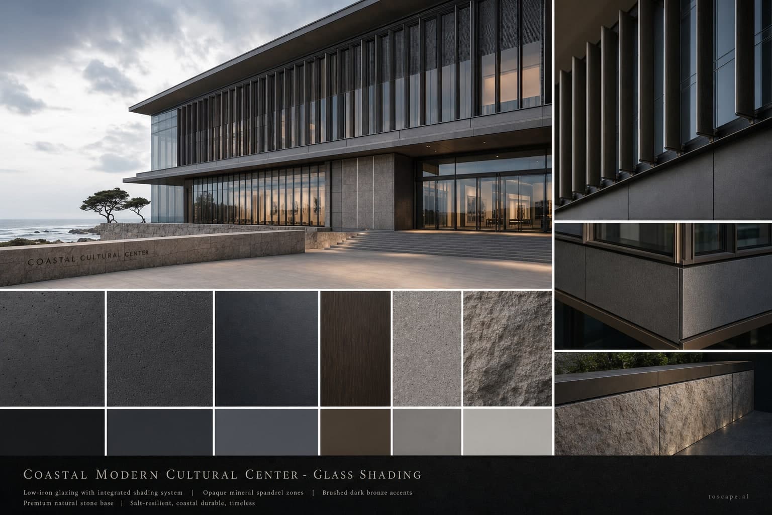 Coastal Modern Cultural Center — Glass Shading exterior moodboard plate