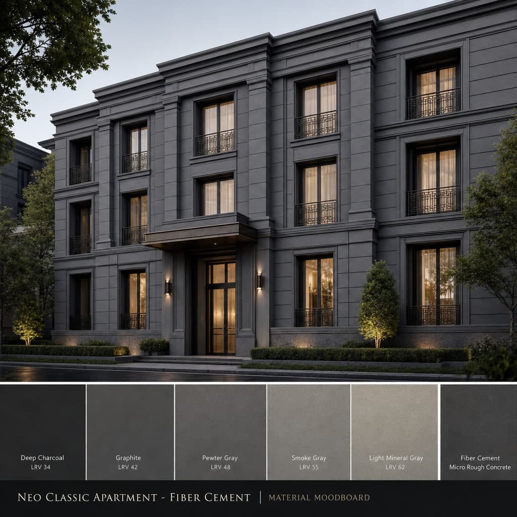 Neo Classic Apartment — Fiber Cement exterior moodboard card