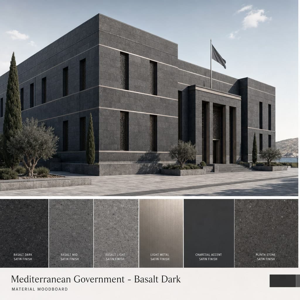 Mediterranean Government — Basalt Dark exterior moodboard card