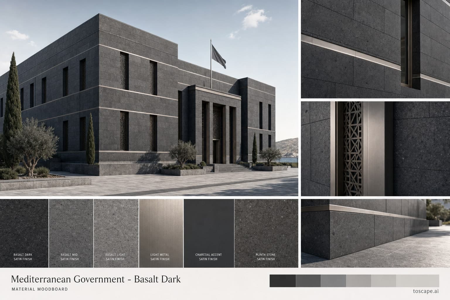 Mediterranean Government — Basalt Dark exterior moodboard plate