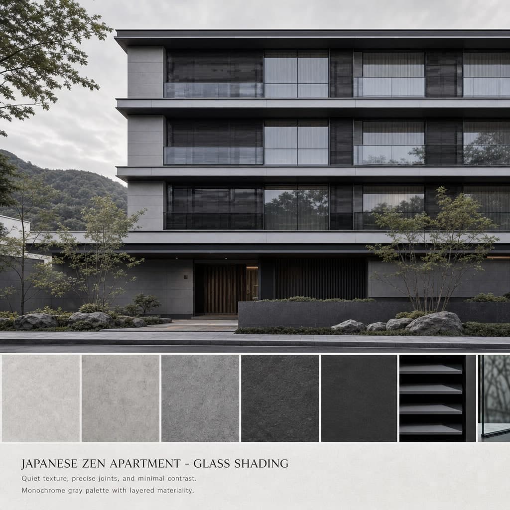 Japanese Zen Apartment — Glass Shading exterior moodboard card