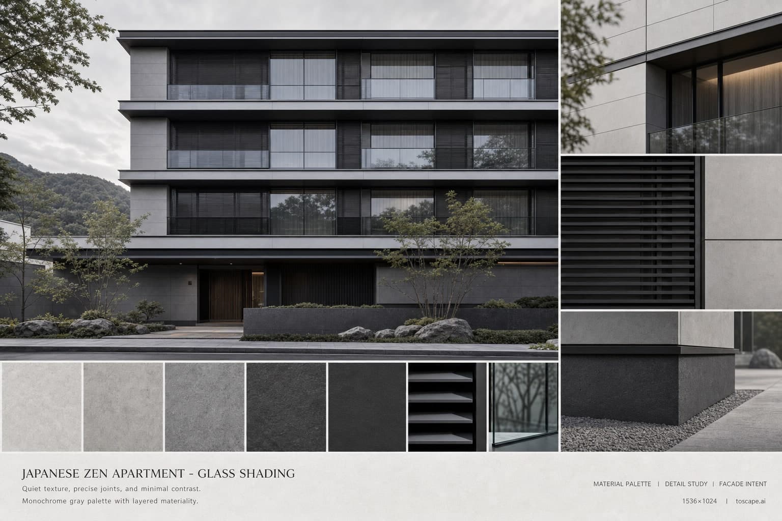 Japanese Zen Apartment — Glass Shading exterior moodboard plate