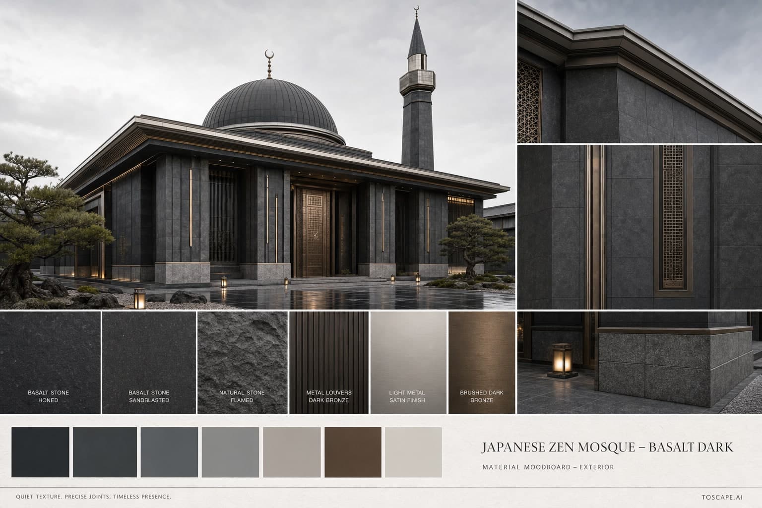 Japanese Zen Mosque — Basalt Dark exterior moodboard plate