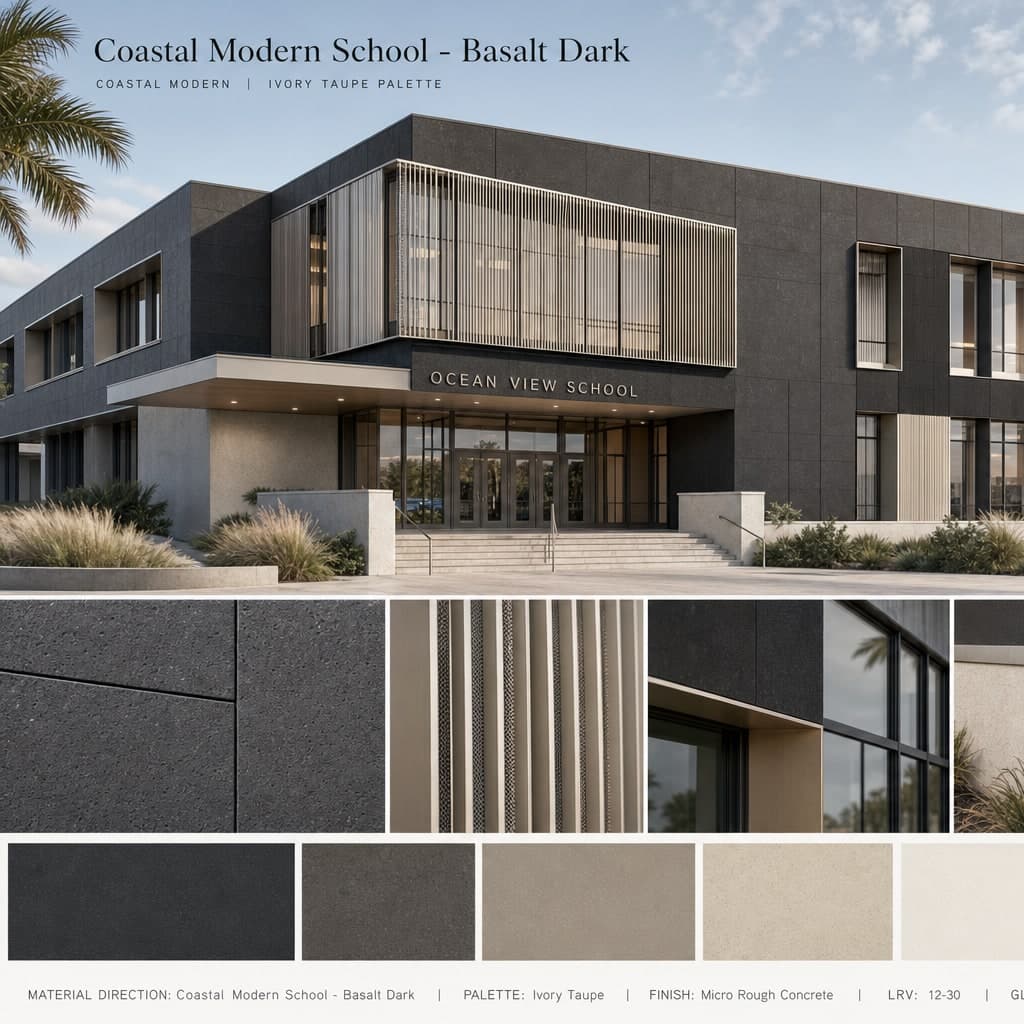 Coastal Modern School — Basalt Dark exterior moodboard card