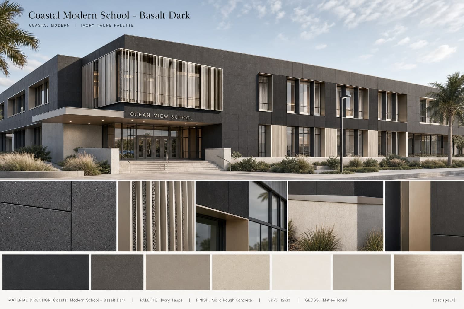 Coastal Modern School — Basalt Dark exterior moodboard plate