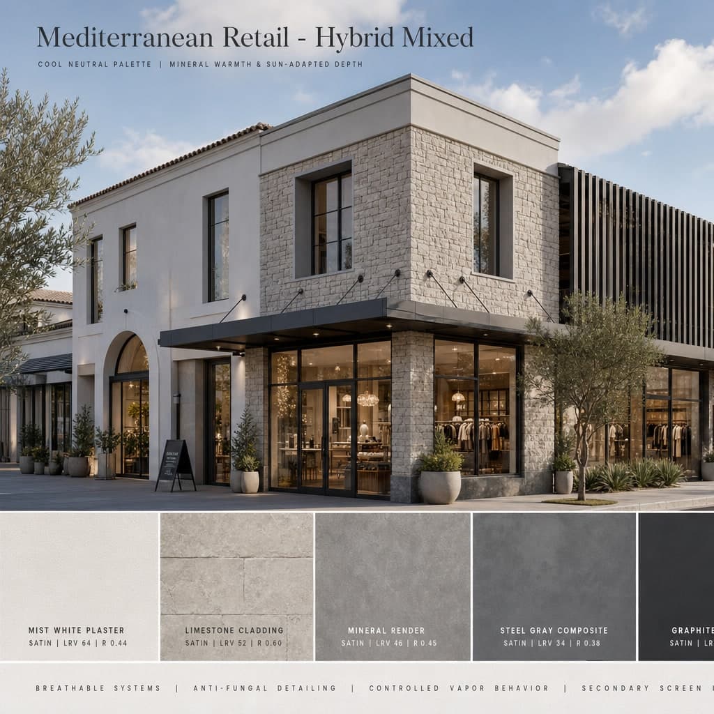 Mediterranean Retail — Hybrid Mixed exterior moodboard card