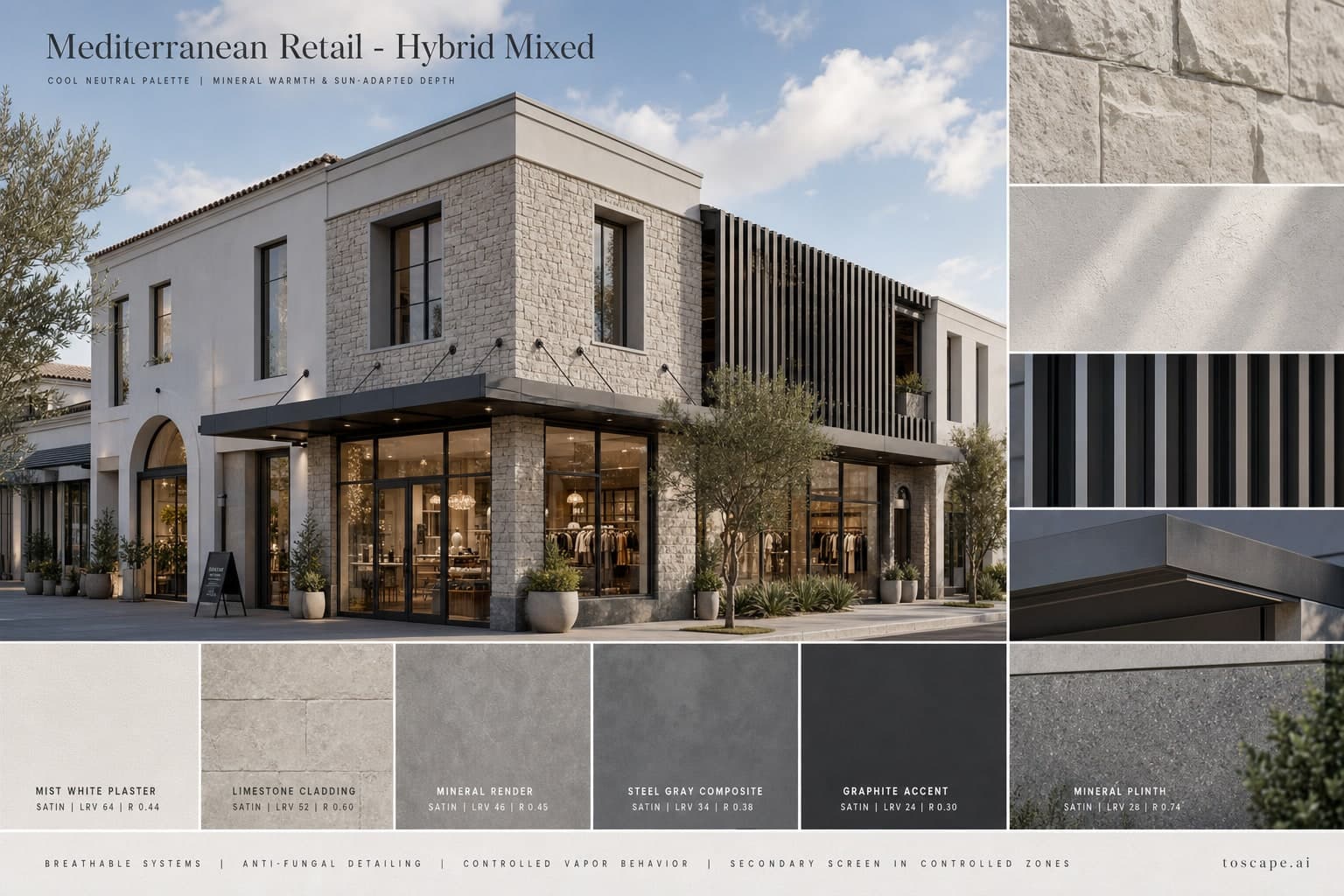 Mediterranean Retail — Hybrid Mixed exterior moodboard plate