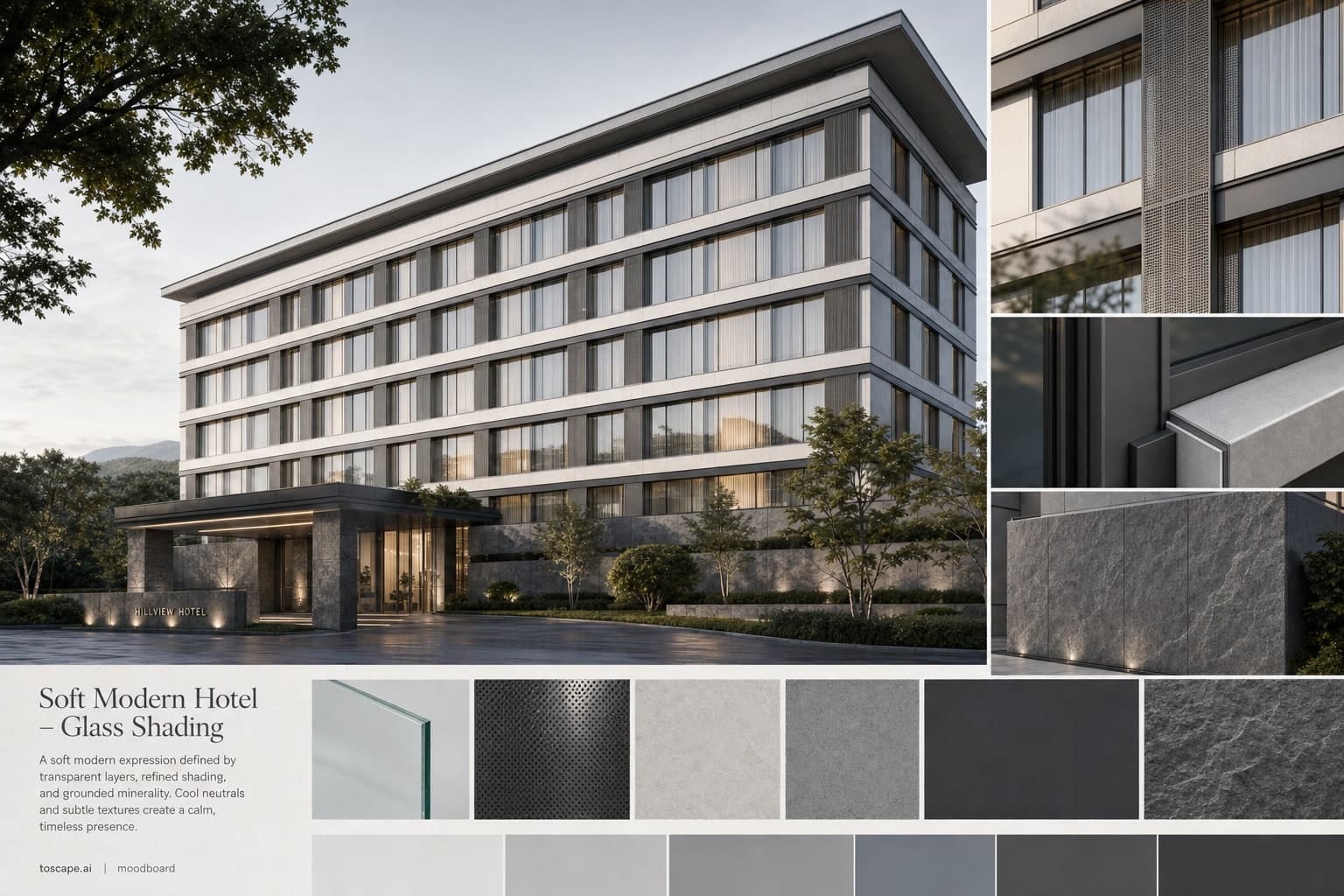 Soft Modern Hotel — Glass Shading exterior moodboard plate
