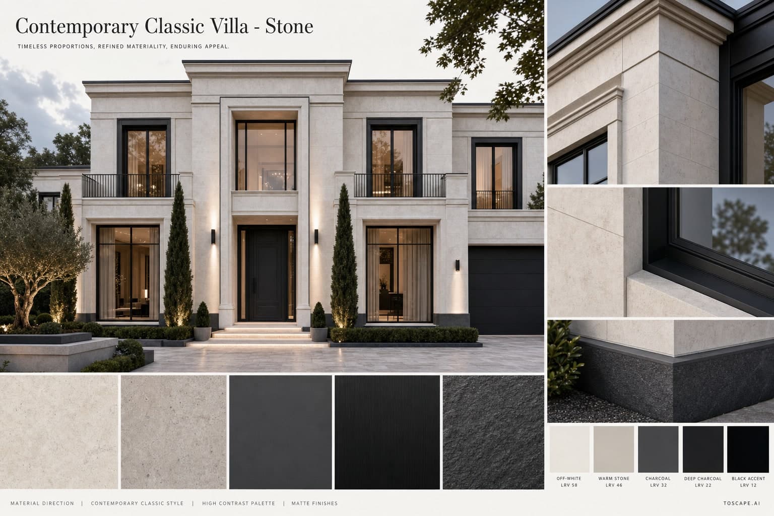 Contemporary Classic Villa — Stone exterior moodboard plate