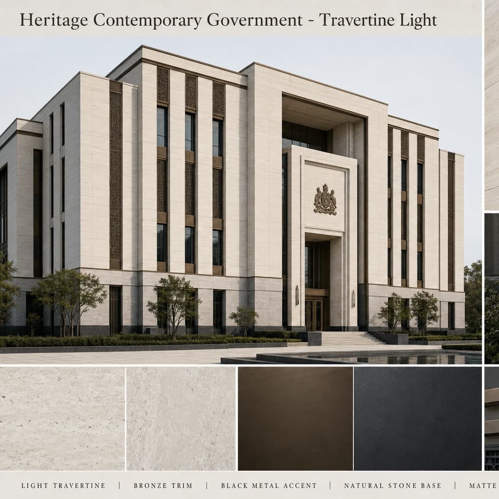 Heritage Contemporary Government — Travertine Light exterior moodboard card