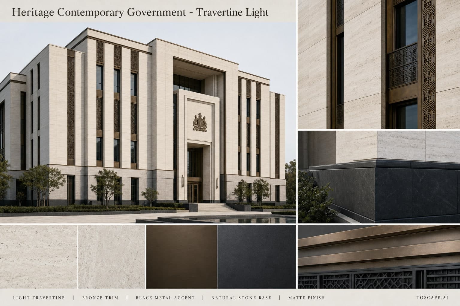 Heritage Contemporary Government — Travertine Light exterior moodboard plate