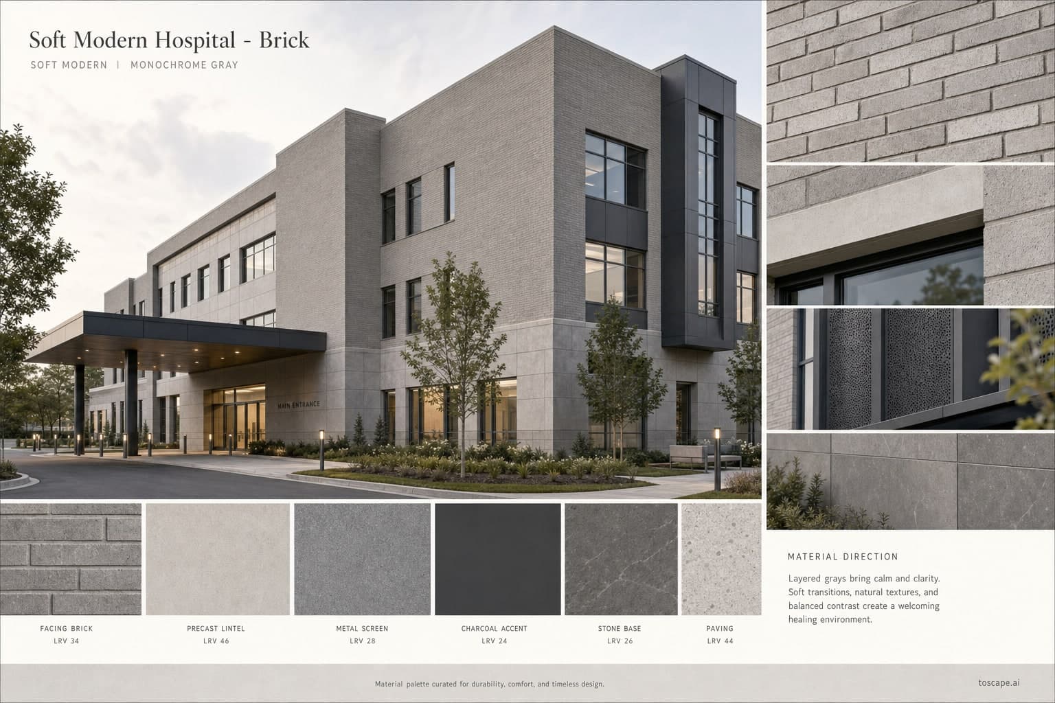 Soft Modern Hospital — Brick exterior moodboard plate