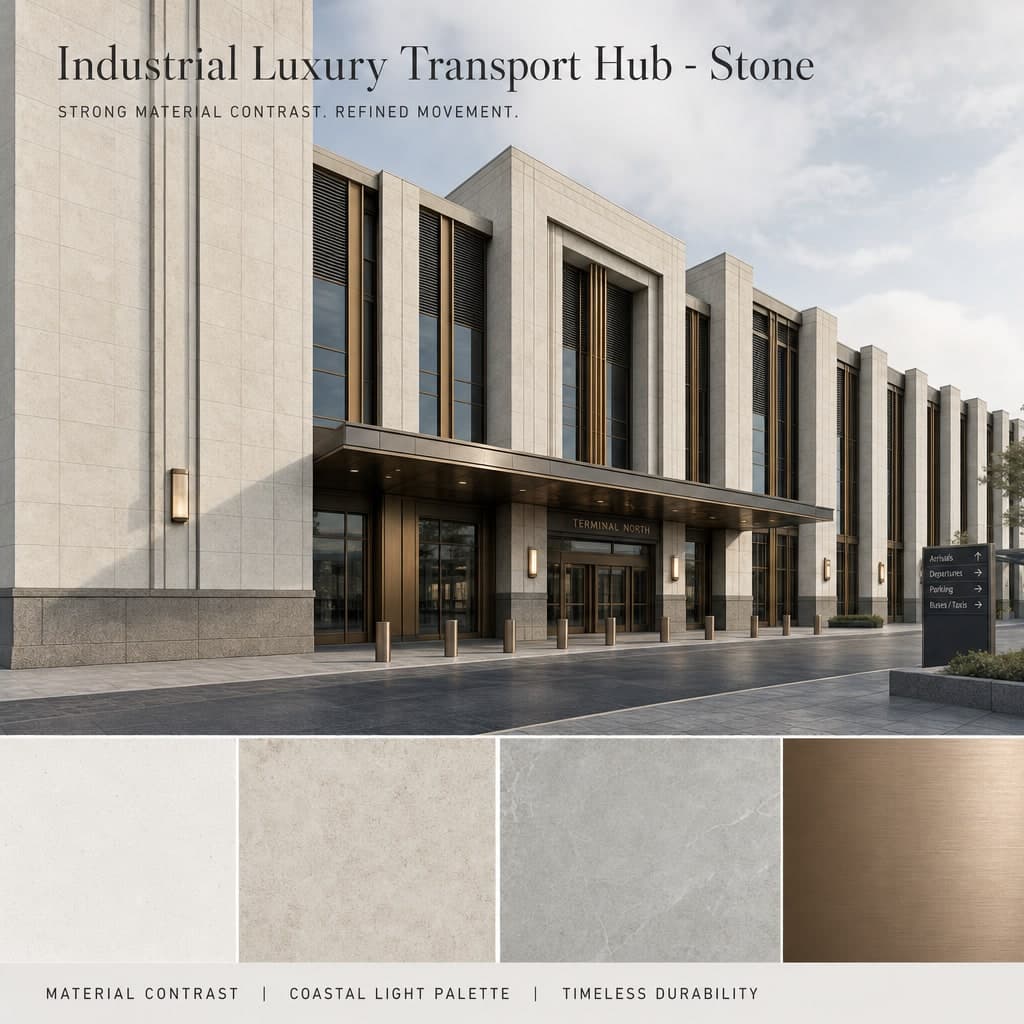 Industrial Luxury Transport Hub — Stone exterior moodboard card